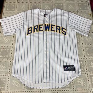 Majestic Hart 1 Brewers White and Blue Jersey Large